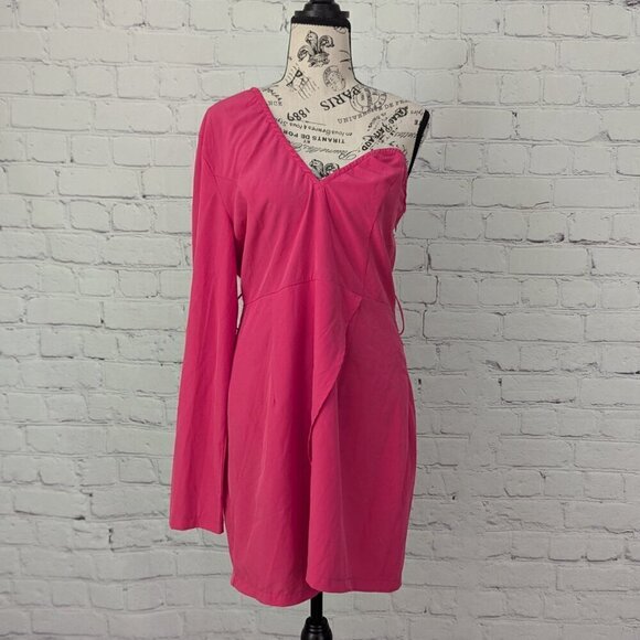 PrettyLittleThing Hot Pink One Shoulder Asymmetrical Mini Dress 10 MISSING BELT - Picture 9 of 11